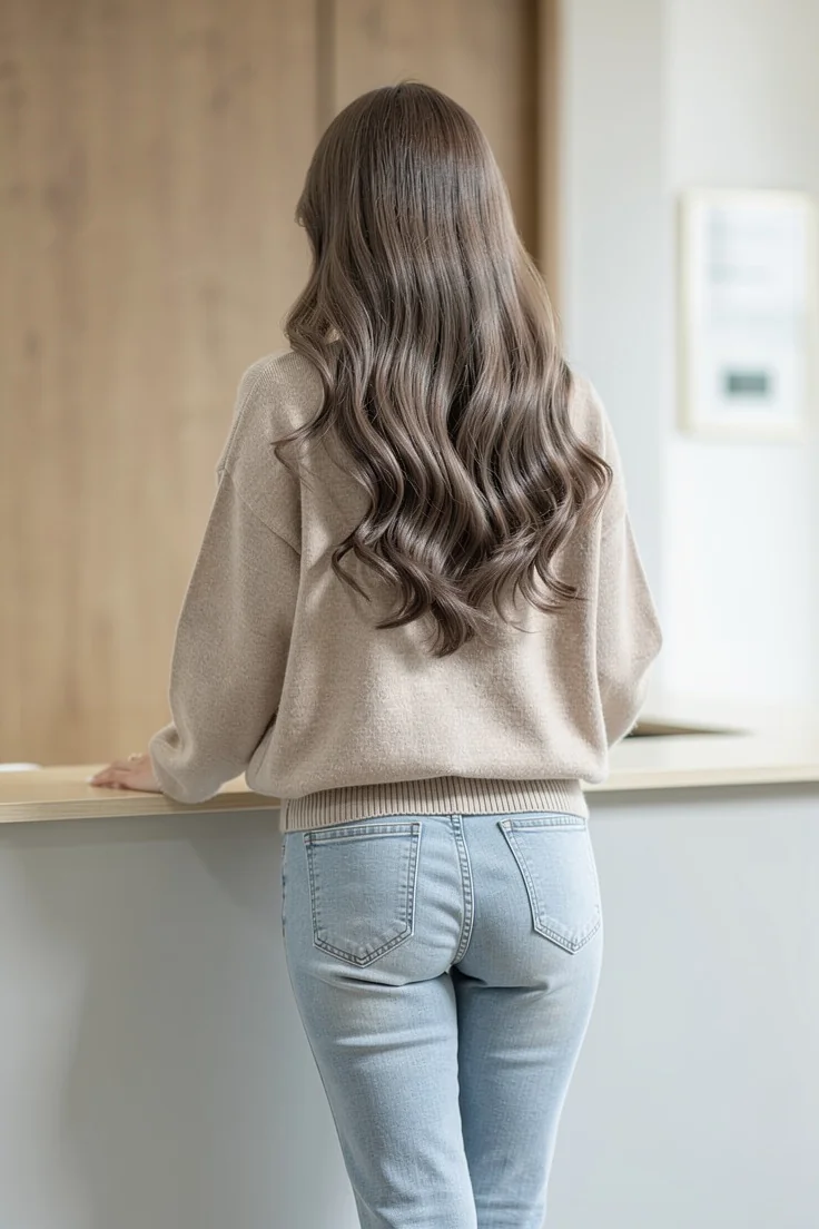 korean studio-light natural-daylight office-setting professional fitted-denim cropped-sweater back-view side-profile casual-elegance soft-lighting ash-brown-hair curves-emphasized tight-fit opaque-fabric indoor-setting