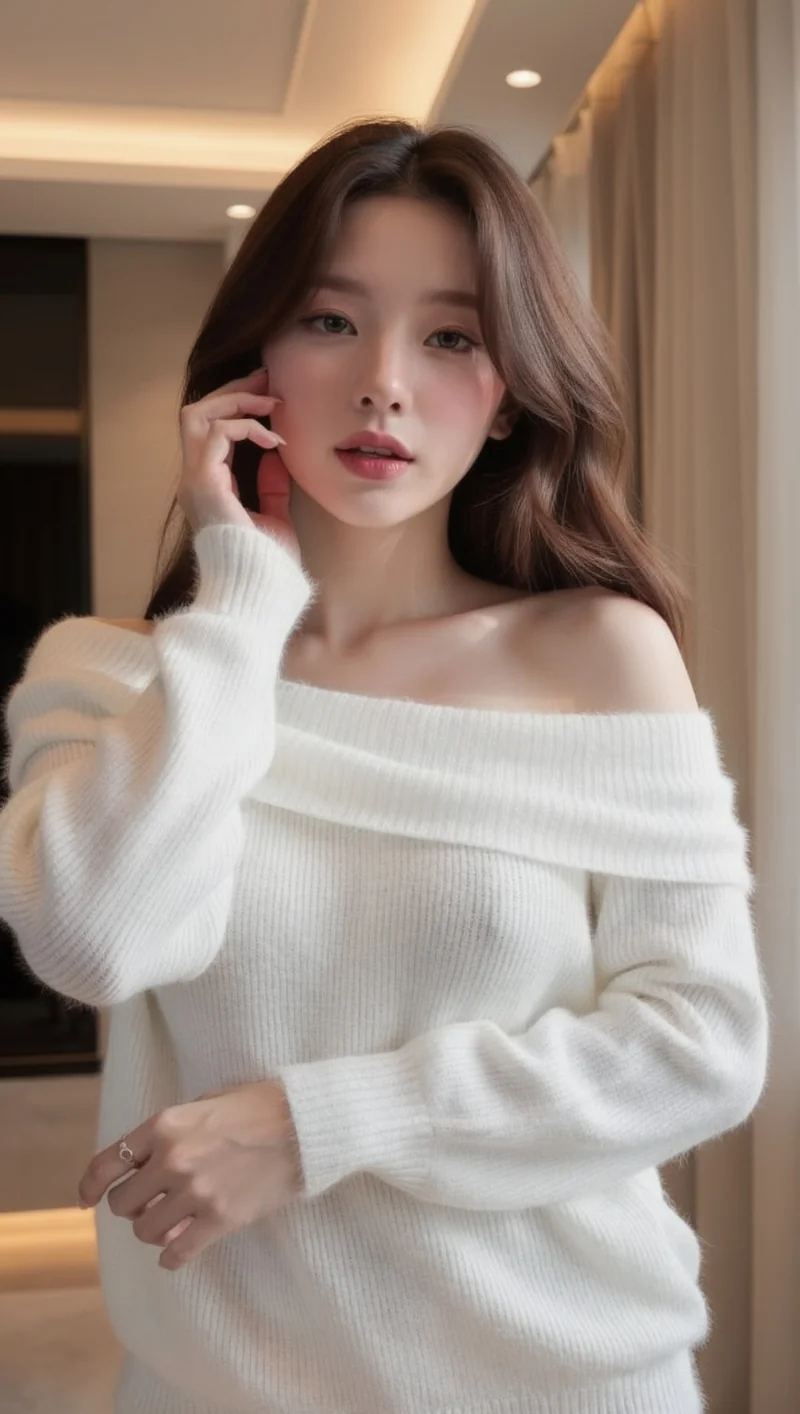 style:sweater location:bedroom location:studio atmosphere:warm atmosphere:golden-hour subject_mood:calm subject_mood:mysterious body_part:shoulders body_part:chest coverage:moderate coverage:opaque pose:standing pose:side-profile face_visibility:full-face figure:petite figure:slim-waist accessory:long-hair