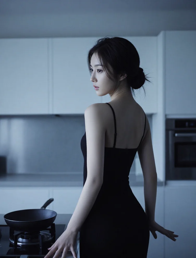 camisole kitchen studio cool calm standing back-view full-face slim-waist back shoulders opaque fitted