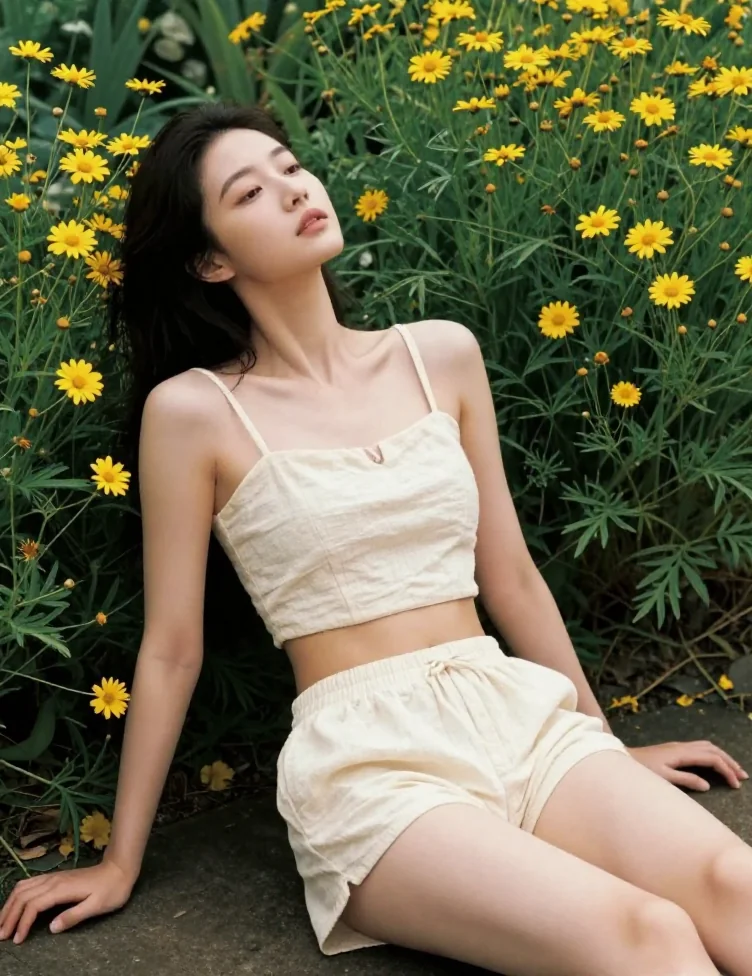 crop-top shorts outdoor garden natural-daylight calm mysterious legs hips reclining full-face petite slim-waist fitted ground-level flora-backdrop soft-focus